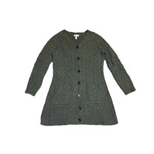 DENIM & CO Green Long Cable Knit Sweater Cardigan Tunic Pockets Chunky Outdoor L